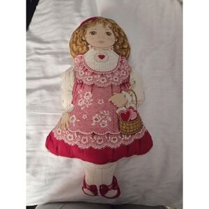 Vtg 18" Victorian Girl & basket of Hearts Printed Fabric Homemade Plush Pillow‎